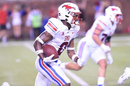 SMU's Bryan Massey (0) returns an interception on the final play of Saturday's game against ACU at Gerald J. Ford Stadium in Dallas on Sept. 4, 2021. The Mustangs won 56-9.

Hof 8420 2