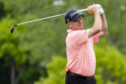 May 26, 2022; Benton Harbor, Michigan, USA; Woody Austin hits his tee shot on the eighth hole during the first round of the 2022 KitchenAid Senior PGA Championship at Harbor Shores. Mandatory Credit: Raj Mehta-USA TODAY Sports
