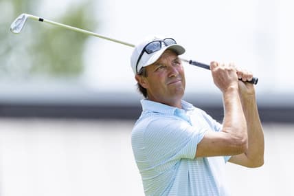 May 29, 2022; Benton Harbor, Michigan, USA; Stephen Ames tees off on the second hole during the final round of the 2022 KitchenAid Senior PGA Championship at Harbor Shores. Mandatory Credit: Raj Mehta-USA TODAY Sports