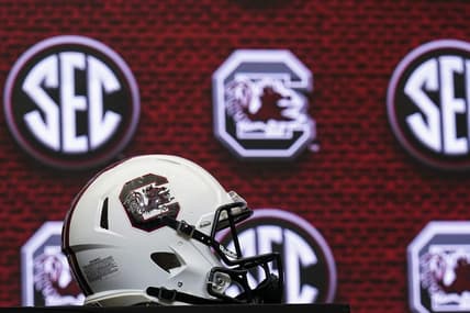 Jul 19, 2022; Atlanta, GA, USA; The South Carolina helmet on the stage during SEC Media Days at the College Football Hall of Fame. Mandatory Credit: Dale Zanine-USA TODAY Sports