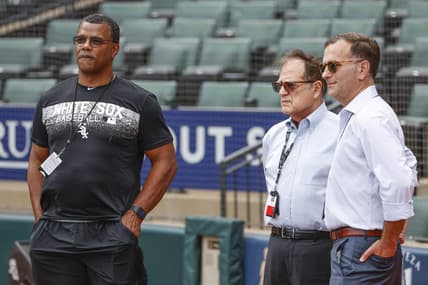 Sep 2, 2022; Chicago, Illinois, USA; Chicago White Sox executive vice president Ken Williams (L) owner Jerry Reinsdorf (C) and general manager Rick Hahn (R) stand on the sidelines before a baseball game against Minnesota Twins at Guaranteed Rate Field. Mandatory Credit: Kamil Krzaczynski-USA TODAY Sports