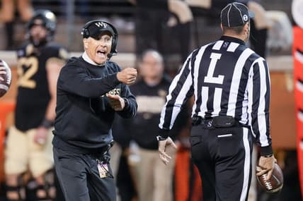 Nov 12, 2022; Winston-Salem, North Carolina, USA;  Wake Forest Demon Deacons head coach Dave Clawson calls out to an official during the second half against the North Carolina Tar Heels at Truist Field. Mandatory Credit: Jim Dedmon-USA TODAY Sports
