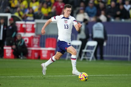 Jan 28, 2023; Carson, California, USA; USMNT forward Matthew Hoppe (13) pursues the ball against Columbia in the first half at Dignity Health Sports Park. The teams played to a 0-0 tie. Mandatory Credit: Kirby Lee-USA TODAY Sports