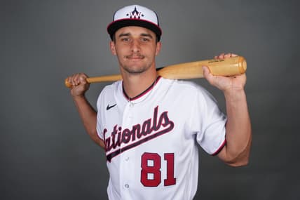 Feb 24, 2023; West Palm Beach, FL, USA;  Washington Nationals catcher Drew Millas (81). Mandatory Credit: Jim Rassol-USA TODAY Sports