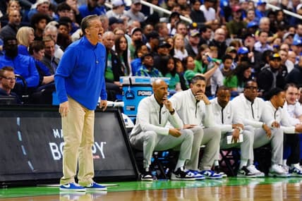 Mar 17, 2023; Greensboro, NC, USA; Kentucky Wildcats head coach John Calipari reacts in the second half against the Providence Friars at Greensboro Coliseum. Mandatory Credit: John David Mercer-USA TODAY Sports