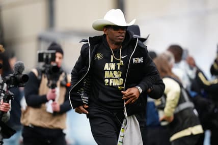 Apr 22, 2023; Boulder, CO, USA; Colorado Buffaloes head coach Deion Sanders hits the field before the start of the spring game at Folsom Filed. Mandatory Credit: Ron Chenoy-USA TODAY Sports