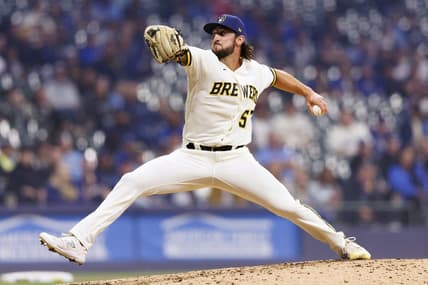 May 8, 2023; Milwaukee, Wisconsin, USA;  Milwaukee Brewers pitcher Bennett Sousa (57) throws a pitch during the eighth inning against the Los Angeles Dodgers at American Family Field. Mandatory Credit: Jeff Hanisch-USA TODAY Sports