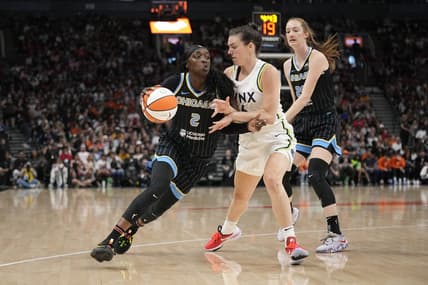 May 13, 2023; Toronto, Ontario, Canada; Chicago Sky guard Kahleah Copper (2) drives to the net against Minnesota Lynx forward Bridget Carleton (6) during the first half at Scotiabank Arena. Mandatory Credit: John E. Sokolowski-USA TODAY Sports