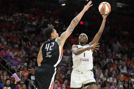 May 21, 2023; Phoenix, Arizona, USA; Chicago Sky forward Elizabeth Wiliams (1) shoots over Phoenix Mercury center Brittney Griner (42) in the second half at Footprint Center. Mandatory Credit: Rick Scuteri-USA TODAY Sports