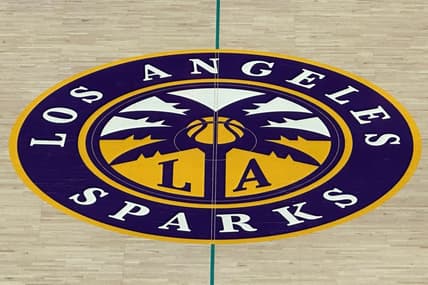 May 25, 2023; Los Angeles, California, USA; A general overall view of the LA Sparks logo at center court at Crypto.com Arena. Mandatory Credit: Kirby Lee-USA TODAY Sports