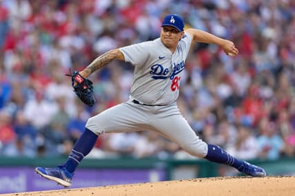 Jun 9, 2023; Philadelphia, Pennsylvania, USA; Los Angeles Dodgers relief pitcher Victor Gonzalez (81) throws a pitch during the first inning against the Philadelphia Phillies at Citizens Bank Park. Mandatory Credit: Bill Streicher-USA TODAY Sports