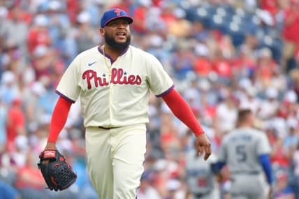 Jun 11, 2023; Philadelphia, Pennsylvania, USA; Philadelphia Phillies relief pitcher Jose Alvarado (46) reacts after a strikeout against the Los Angeles Dodgers to end the eighth inning at Citizens Bank Park. Mandatory Credit: Eric Hartline-USA TODAY Sports