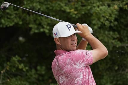 Jun 13, 2023; Los Angeles, California, USA; Gary Woodland hits his tee shot on the 11th hole during a practice round of the U.S. Open golf tournament at Los Angeles Country Club. Mandatory Credit: Michael Madrid-USA TODAY Sports