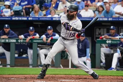Jun 2, 2023; Kansas City, Missouri, USA; Colorado Rockies designated hitter Charlie Blackmon (19) at bat against the Kansas City Royals during the game at Kauffman Stadium. Mandatory Credit: Denny Medley-USA TODAY Sports