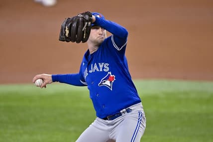 Jun 17, 2023; Arlington, Texas, USA; Toronto Blue Jays starting pitcher Trevor Richards (33) in action during the game between the Texas Rangers and the Toronto Blue Jays at Globe Life Field. Mandatory Credit: Jerome Miron-USA TODAY Sports