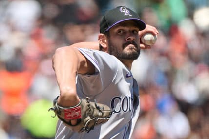 Jul 8, 2023; San Francisco, California, USA; Colorado Rockies pitcher Brad Hand (55) pitches against the San Francisco Giants during the fourth inning at Oracle Park. Mandatory Credit: Robert Edwards-USA TODAY Sports