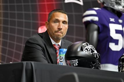 Jul 13, 2023; Arlington, TX, USA; Iowa State Cyclones head coach Matt Campbell is interviewed during the Big 12 football media day at AT&T Stadium. Mandatory Credit: Jerome Miron-USA TODAY Sports