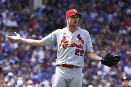 Jul 21, 2023; Chicago, Illinois, USA; St. Louis Cardinals starting pitcher Jack Flaherty (22) questions a pitch clock violation against the Chicago Cubs during the sixth inning at Wrigley Field. Mandatory Credit: David Banks-USA TODAY Sports