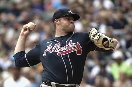 Jul 23, 2023; Milwaukee, Wisconsin, USA; Atlanta Braves pitcher Bryce Elder (55) pitches against the Milwaukee Brewers in the first inning at American Family Field. Mandatory Credit: Benny Sieu-USA TODAY Sports