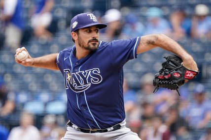 Jul 16, 2023; Kansas City, Missouri, USA; Tampa Bay Rays starting pitcher Zach Eflin (24) delivers a pitch against the Kansas City Royals prior to a game at Kauffman Stadium. Mandatory Credit: Denny Medley-USA TODAY Sports