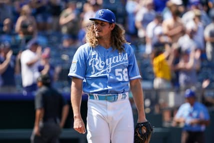 Jul 16, 2023; Kansas City, Missouri, USA; Kansas City Royals relief pitcher Scott Barlow (58) celebrates after the win over the Tampa Bay Rays at Kauffman Stadium. Mandatory Credit: Denny Medley-USA TODAY Sports