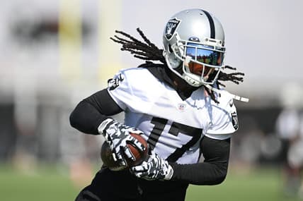 Jul 26, 2023; Las Vegas, Nevada, USA; Las Vegas Raiders wide receiver Davante Adams (17) runs a drill during training camp at the Intermountain Health Performance Center. Mandatory Credit: Candice Ward-USA TODAY Sports