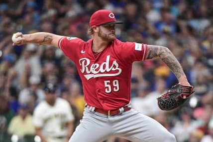 Jul 26, 2023; Milwaukee, Wisconsin, USA; Cincinnati Reds starting pitcher Ben Lively (59) pitches against the Milwaukee Brewers in the first inning at American Family Field. Mandatory Credit: Benny Sieu-USA TODAY Sports