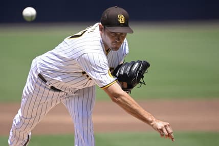 Jul 26, 2023; San Diego, California, USA; San Diego Padres starting pitcher Seth Lugo (67) throws a pitch against the Pittsburgh Pirates during the first inning at Petco Park. Mandatory Credit: Orlando Ramirez-USA TODAY Sports