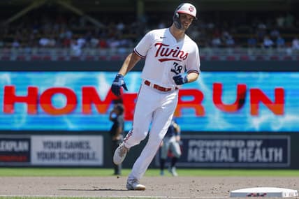 Jul 26, 2023; Minneapolis, Minnesota, USA; Minnesota Twins right fielder Matt Wallner (38) runs the bases on his solo home run in the sixth inning at Target Field. Mandatory Credit: Bruce Kluckhohn-USA TODAY Sports