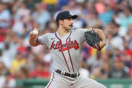 Jul 26, 2023; Boston, Massachusetts, USA; Atlanta Braves starting pitcher Spencer Strider (99) throws a pitch during the second inning against the Boston Red Sox at Fenway Park. Mandatory Credit: Paul Rutherford-USA TODAY Sports