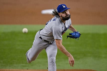 Jul 21, 2023; Arlington, Texas, USA; Los Angeles Dodgers starting pitcher Tony Gonsolin (26) in action during the game between the Texas Rangers and the Los Angeles Dodgers at Globe Life Field. Mandatory Credit: Jerome Miron-USA TODAY Sports