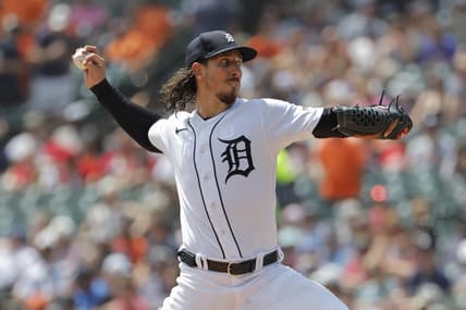 Jul 27, 2023; Detroit, Michigan, USA;  Detroit Tigers starting pitcher Michael Lorenzen (21) pitches in the fourth inning against the Los Angeles Angels at Comerica Park. Mandatory Credit: Rick Osentoski-USA TODAY Sports