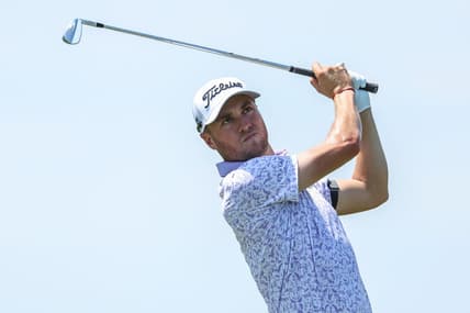Jul 27, 2023; Blaine, Minnesota, USA; Justin Thomas hits his tee shot on the 3rd hole during the first round of the 3M Open golf tournament. Mandatory Credit: Matt Krohn-USA TODAY Sports