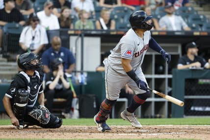 Jul 28, 2023; Chicago, Illinois, USA; Cleveland Guardians first baseman Josh Naylor (22) watches his single against the Chicago White Sox during the fourth inning at Guaranteed Rate Field. Mandatory Credit: Kamil Krzaczynski-USA TODAY Sports