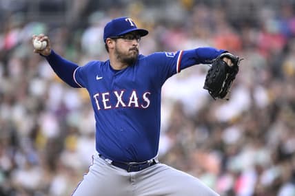 Jul 28, 2023; San Diego, California, USA; Texas Rangers starting pitcher Dane Dunning (33) throws a pitch against the San Diego Padres during the first inning at Petco Park. Mandatory Credit: Orlando Ramirez-USA TODAY Sports