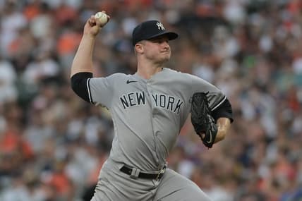Jul 29, 2023; Baltimore, Maryland, USA;  New York Yankees starting pitcher Clarke Schmidt throws a second-inning pitch against the Baltimore Orioles at Oriole Park at Camden Yards. Mandatory Credit: Tommy Gilligan-USA TODAY Sports