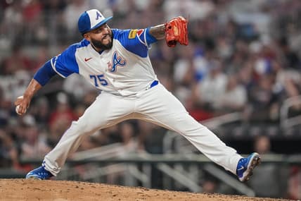 Jul 29, 2023; Cumberland, Georgia, USA; Atlanta Braves relief pitcher Daysbel Hernandez (75) pitches against the Milwaukee Brewers during the eighth inning at Truist Park. Mandatory Credit: Dale Zanine-USA TODAY Sports