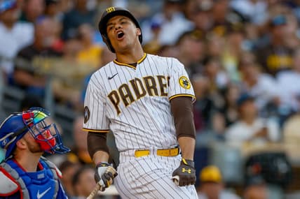 Jul 29, 2023; San Diego, California, USA;  San Diego Padres left fielder Juan Soto (22) reacts after flying out to left field during the fifth inning against the Texas Rangers at Petco Park. Mandatory Credit: David Frerker-USA TODAY Sports