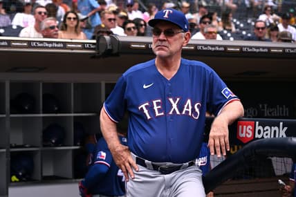 Jul 30, 2023; San Diego, California, USA; Texas Rangers manager Bruce Bochy looks on from the dugout steps before the game against the San Diego Padres at Petco Park. Mandatory Credit: Orlando Ramirez-USA TODAY Sports