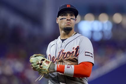 Jul 30, 2023; Miami, Florida, USA; Detroit Tigers shortstop Javier Baez (28) looks on against the Miami Marlins at loanDepot Park. Mandatory Credit: Sam Navarro-USA TODAY Sports