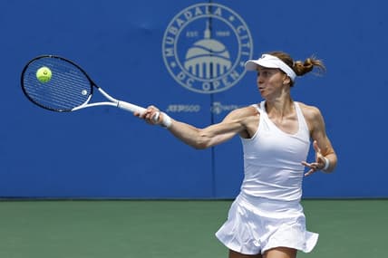 Jul 31, 2023; Washington, D.C., USA; Liudmila Samsonova  hits a forehand against Danielle Collins (USA) (not pictured) on day three of the Mubadala Citi DC Open at Fitzgerald Tennis Stadium. Mandatory Credit: Geoff Burke-USA TODAY Sports