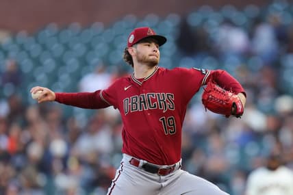 Jul 31, 2023; San Francisco, California, USA; Arizona Diamondbacks starting pitcher Ryne Nelson (19) throws a pitch during the first inning against the San Francisco Giants at Oracle Park. Mandatory Credit: Sergio Estrada-USA TODAY Sports