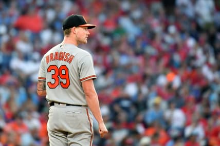 Jul 26, 2023; Philadelphia, Pennsylvania, USA; Baltimore Orioles starting pitcher Kyle Bradish (39) against the Philadelphia Phillies at Citizens Bank Park. Mandatory Credit: Eric Hartline-USA TODAY Sports