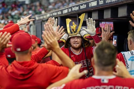 Jul 31, 2023; Cumberland, Georgia, USA; Los Angeles Angels catcher Chad Wallach (35) reacts with teammates in the dugout after hitting a home run against the Atlanta Braves during the sixth inning at Truist Park. Mandatory Credit: Dale Zanine-USA TODAY Sports