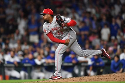Jul 31, 2023; Chicago, Illinois, USA; Cincinnati Reds relief pitcher Alexis Diaz (43) pitches during the ninth inning against the Chicago Cubs at Wrigley Field. Mandatory Credit: Patrick Gorski-USA TODAY Sports