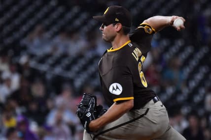 Jul 31, 2023; Denver, Colorado, USA; San Diego Padres starting pitcher Seth Lugo (67) delivers a pitch against the Colorado Rockies at Coors Field. Mandatory Credit: John Leyba-USA TODAY Sports