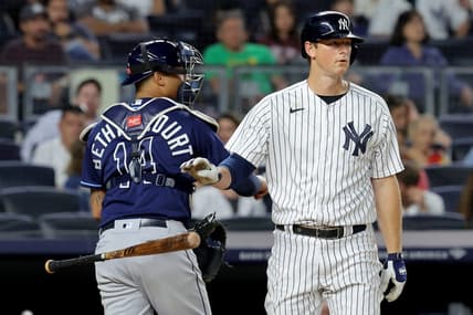 Aug 1, 2023; Bronx, New York, USA; New York Yankees third baseman DJ LeMahieu (26) reacts after striking out to end the seventh inning against the Tampa Bay Rays at Yankee Stadium. Mandatory Credit: Brad Penner-USA TODAY Sports
