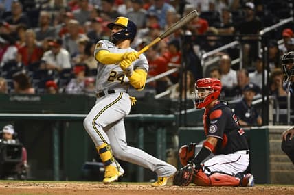 Aug 1, 2023; Washington, District of Columbia, USA; Milwaukee Brewers catcher William Contreras (24) hits a RBI double against the Washington Nationals during the seventh inning at Nationals Park. Mandatory Credit: Brad Mills-USA TODAY Sports