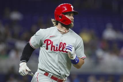Aug 1, 2023; Miami, Florida, USA; Philadelphia Phillies first baseman Bryce Harper (3) runs toward first base after hitting a single against the Miami Marlins during the fourth inning at loanDepot Park. Mandatory Credit: Sam Navarro-USA TODAY Sports