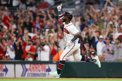 Aug 1, 2023; Atlanta, Georgia, USA; Atlanta Braves center fielder Michael Harris II (23) celebrates after a home run against the Los Angeles Angels in the seventh inning at Truist Park. Mandatory Credit: Brett Davis-USA TODAY Sports